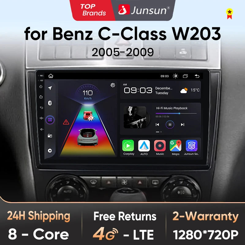 Junsun V1 AI Voice - Radio inalámbrica CarPlay Android para coche, GPS, 2DIN, para Benz Clase C W203 2005-2009 