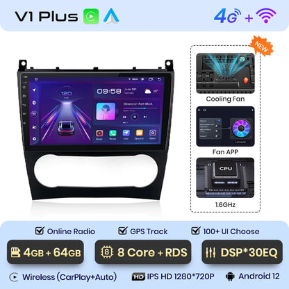 Junsun V1 AI Voice - Radio inalámbrica CarPlay Android para coche, GPS, 2DIN, para Benz Clase C W203 2005-2009 