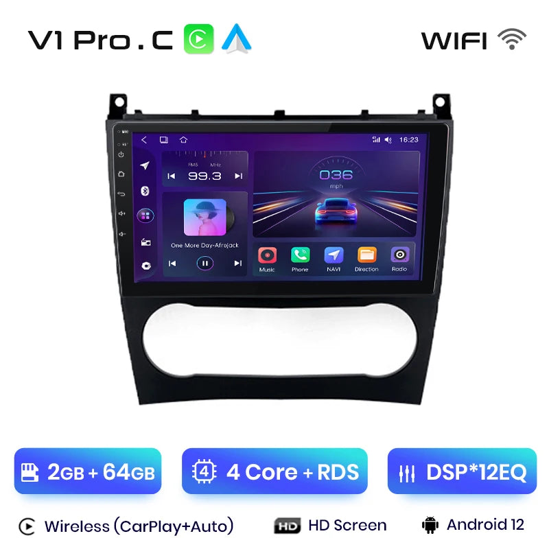 Junsun V1 AI Voice - Radio inalámbrica CarPlay Android para coche, GPS, 2DIN, para Benz Clase C W203 2005-2009 