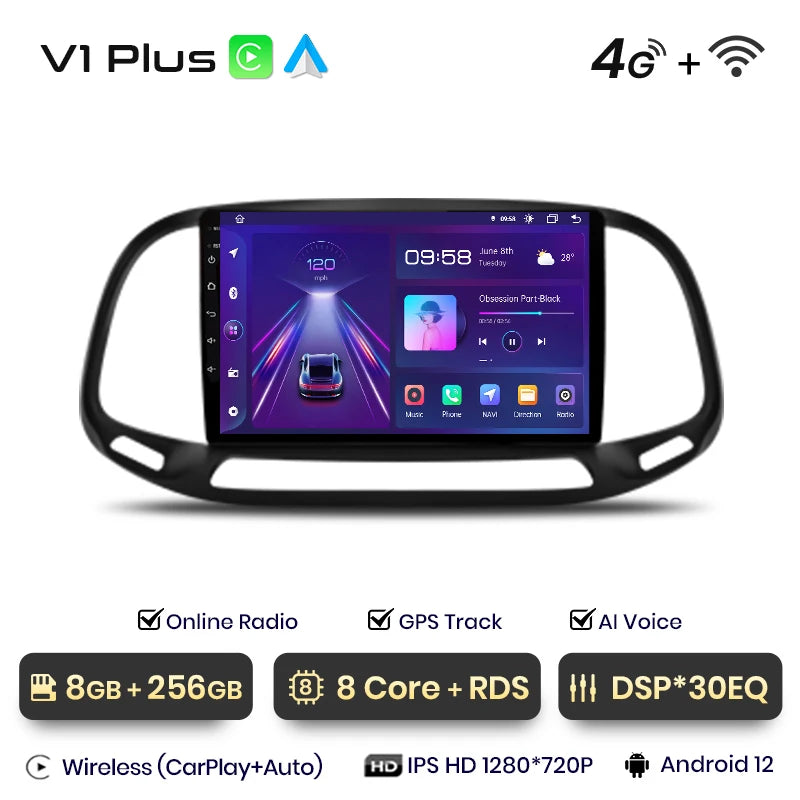Junsun V1 - Radio inalámbrica con CarPlay y Android para Fiat Doblo (2015-2019), 4G, GPS, 2DIN 