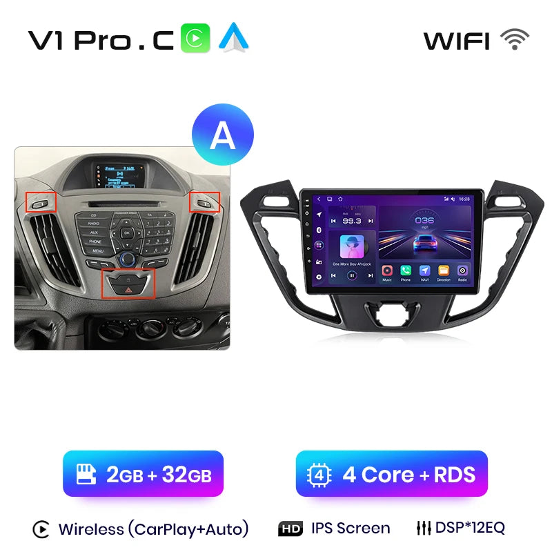 Junsun V1 - Radio inalámbrica con CarPlay y Android para Ford Transit Custom Tourneo 2013-2021, 4G, GPS, 2DIN 