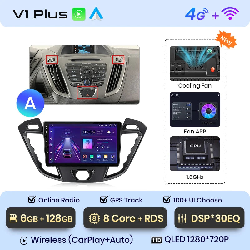 Junsun V1 - Radio inalámbrica con CarPlay y Android para Ford Transit Custom Tourneo 2013-2021, 4G, GPS, 2DIN 