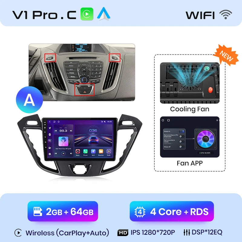 Junsun V1 - Radio inalámbrica con CarPlay y Android para Ford Transit Custom Tourneo 2013-2021, 4G, GPS, 2DIN 
