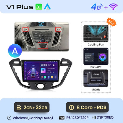 Junsun V1 - Radio inalámbrica con CarPlay y Android para Ford Transit Custom Tourneo 2013-2021, 4G, GPS, 2DIN 