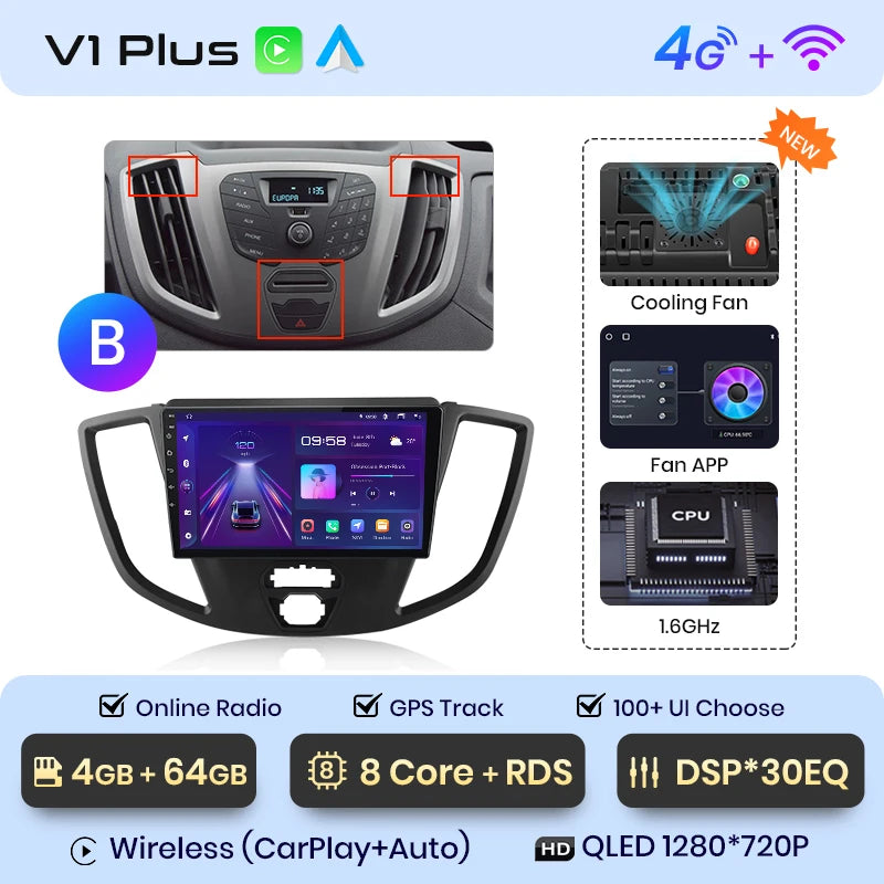 Junsun V1 - Radio inalámbrica con CarPlay y Android para Ford Transit Custom Tourneo 2013-2021, 4G, GPS, 2DIN 