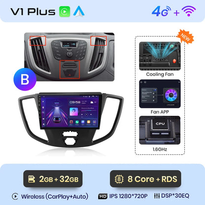 Junsun V1 - Radio inalámbrica con CarPlay y Android para Ford Transit Custom Tourneo 2013-2021, 4G, GPS, 2DIN 
