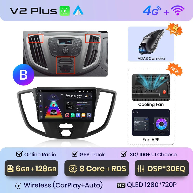 Junsun V1 - Radio inalámbrica con CarPlay y Android para Ford Transit Custom Tourneo 2013-2021, 4G, GPS, 2DIN 