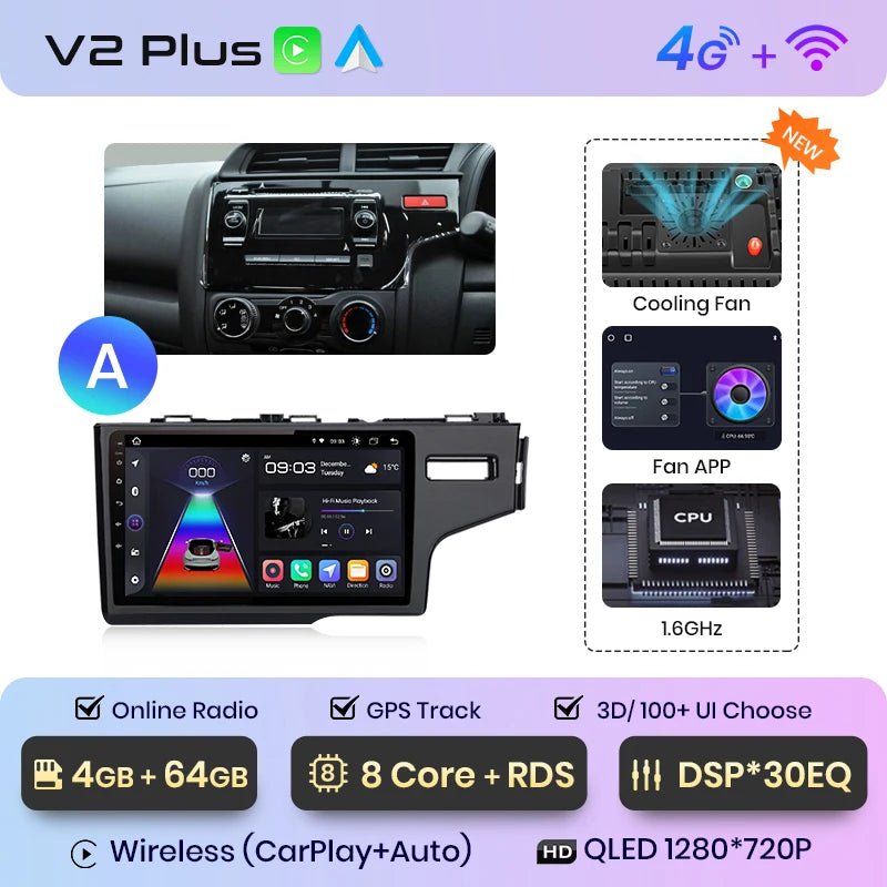 Junsun V1pro AI Voice - Radio para coche, reproductor multimedia Android Auto para Honda Fit Jazz 2014-2015, Carplay 4G, 2DIN, GPS 