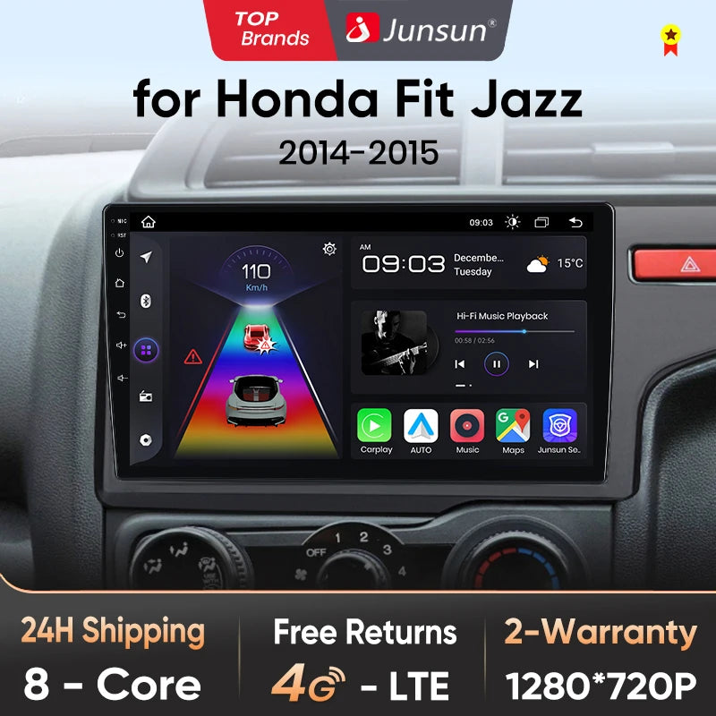 Junsun V1pro AI Voice - Radio para coche, reproductor multimedia Android Auto para Honda Fit Jazz 2014-2015, Carplay 4G, 2DIN, GPS 