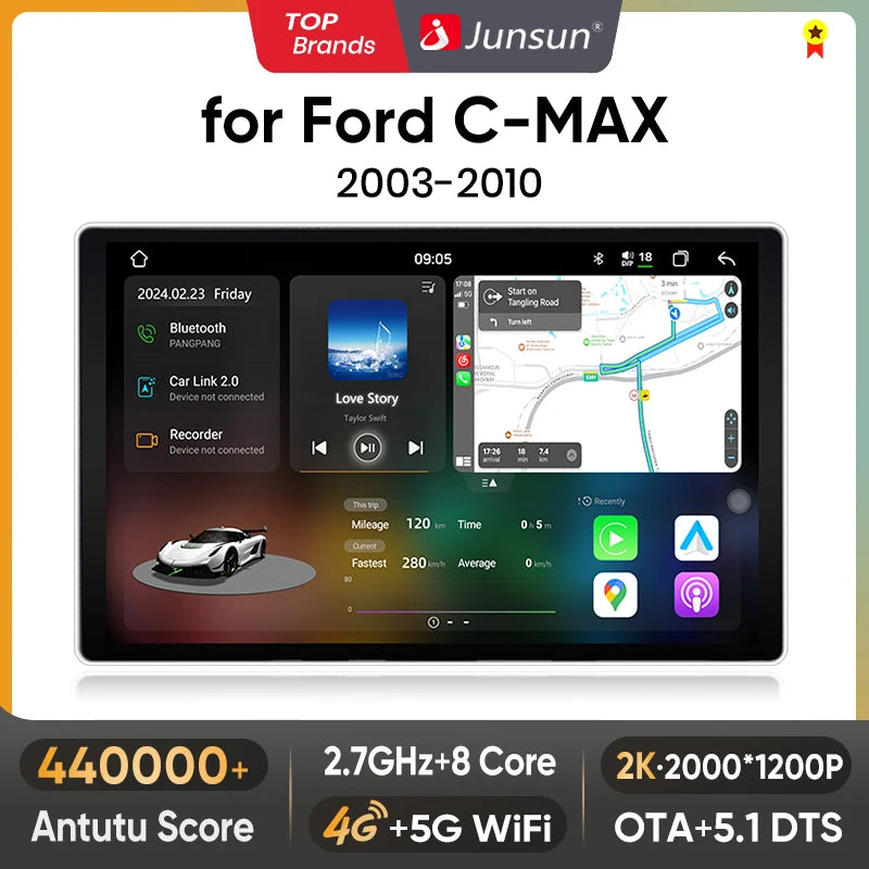 Junsun V3 Plus 2K Android 13 CarPlay inalámbrico Android Auto Sistemas inteligentes para Ford C-MAX 2003-2010 7870 Autoradio 