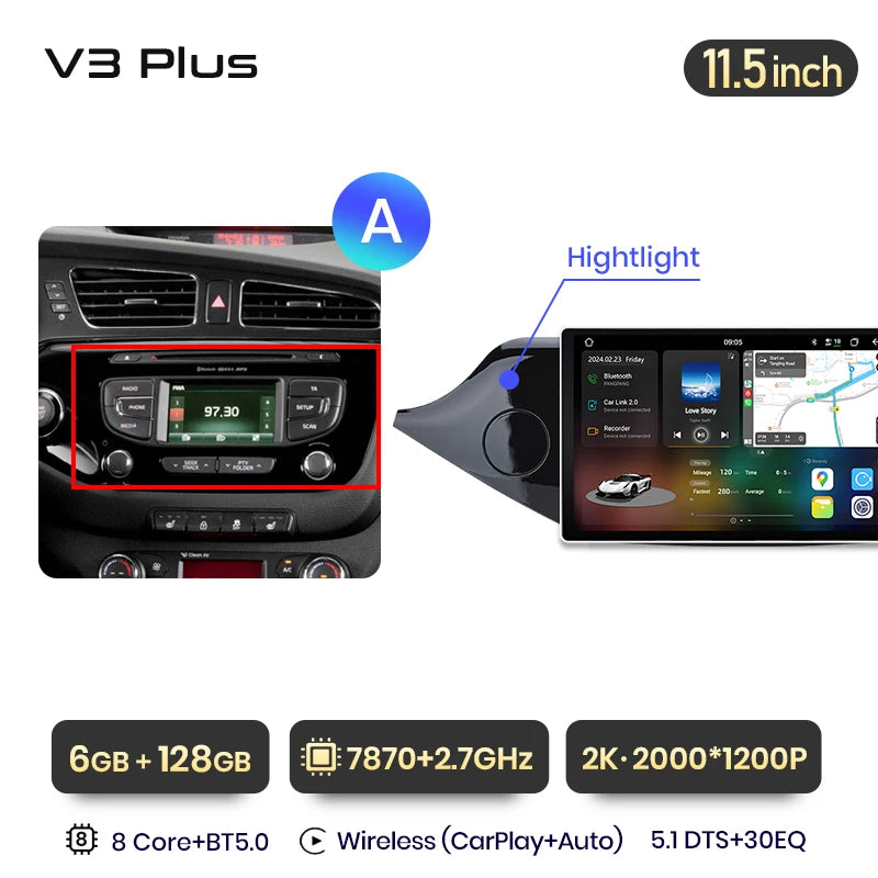 Junsun V3 Plus 2K Android 13 Wireless CarPlay Android Auto Car Intelligent Systems for KIA CEED JD Cee'd 2012-2018 Autoradio