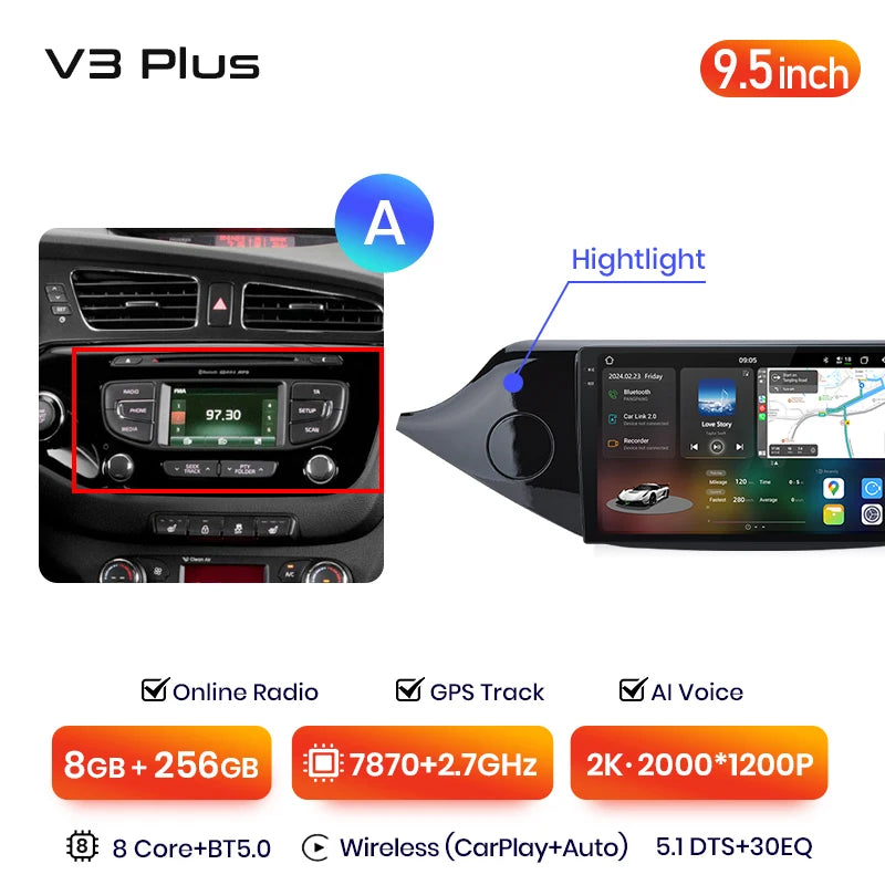Junsun V3 Plus 2K Android 13 Wireless CarPlay Android Auto Car Intelligent Systems for KIA CEED JD Cee'd 2012-2018 Autoradio