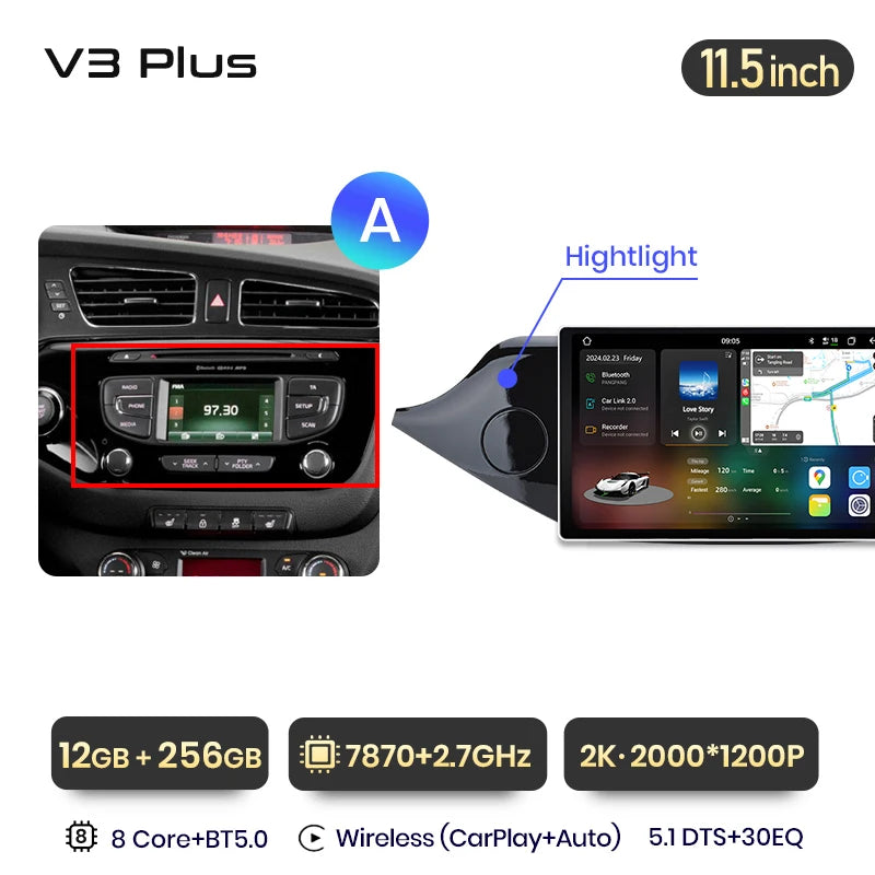 Junsun V3 Plus 2K Android 13 Wireless CarPlay Android Auto Car Intelligent Systems for KIA CEED JD Cee'd 2012-2018 Autoradio
