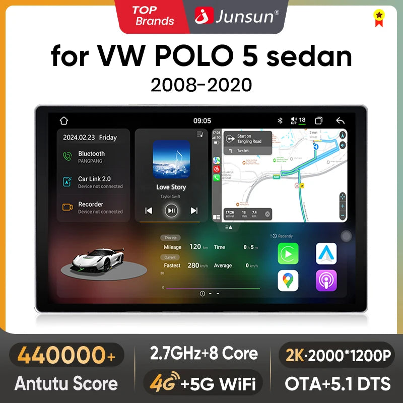 Junsun V3 Plus 2K CarPlay inalámbrico Android Auto Sistemas inteligentes para VW Volkswagen POLO 5 sedán 2008-2020 Autoradio 