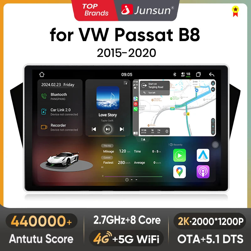 Junsun V3 Plus 2K Wireless CarPlay Android Auto Car Intelligent Systems for VW Volkswagen Passat B8 2015-2020 Autoradio