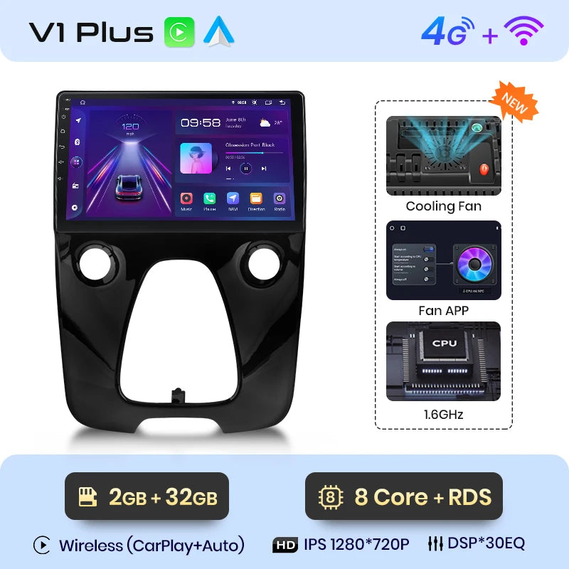 Radio de coche Junsun con CarPlay inalámbrico y Android Auto para Peugeot 108 y Toyota Aygo B40 (2014-2021), GPS, sistemas inteligentes 