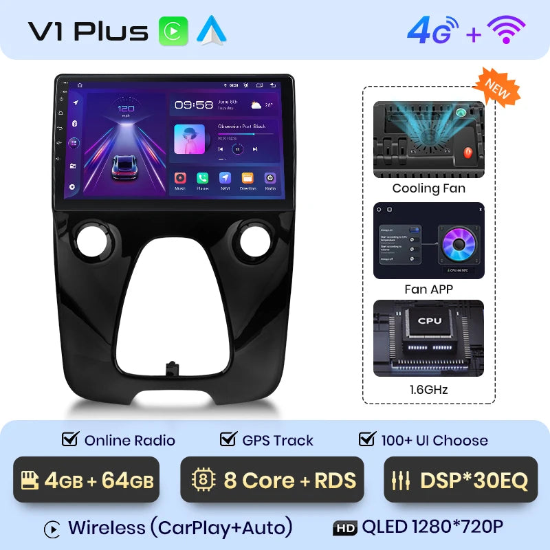 Radio de coche Junsun con CarPlay inalámbrico y Android Auto para Peugeot 108 y Toyota Aygo B40 (2014-2021), GPS, sistemas inteligentes 