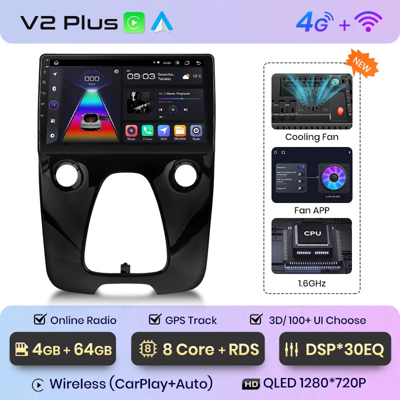 Radio de coche Junsun con CarPlay inalámbrico y Android Auto para Peugeot 108 y Toyota Aygo B40 (2014-2021), GPS, sistemas inteligentes 
