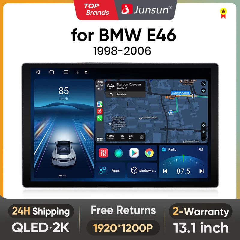 Junsun X7 MAX 2K HD - Radio de coche inalámbrica con CarPlay para BMW E46 M3 318/320/325/330/335, GPS, 2DIN 