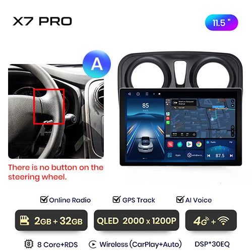 Junsun X7 PRO 11.5“ 2K  Wireless CarPlay Android Auto Car Radio for Renault Logan 2 Sandero 2014-2019 Multimedia autoradio