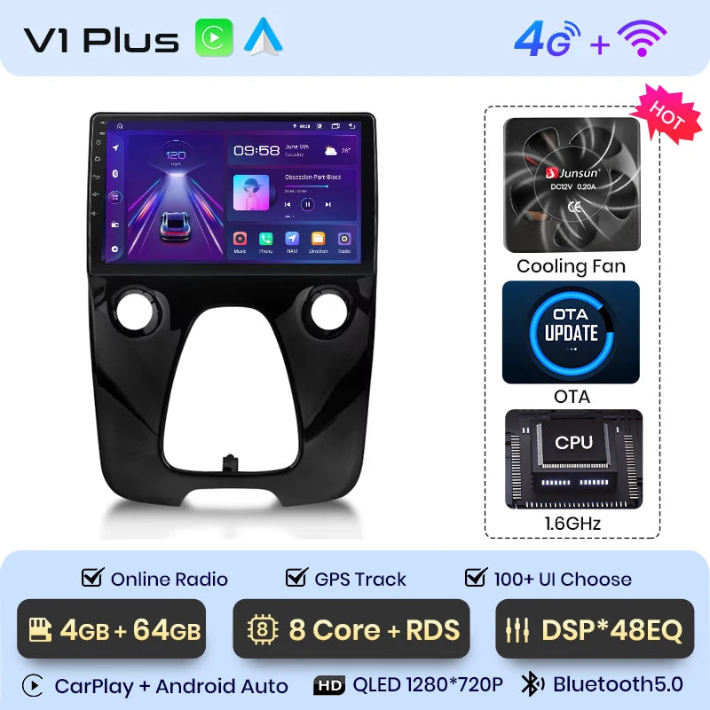 Radio Junsun V1 Plus para Peugeot 108, Citroën C1 y Toyota Aygo (2014-2021), inalámbrica, CarPlay, Android Auto, 2 DIN, DVD.