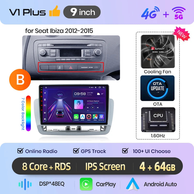Junsun Wireless CarPlay Car Radio For Seat Ibiza 6j 2009 2010 2011-2013 Android Multimedia