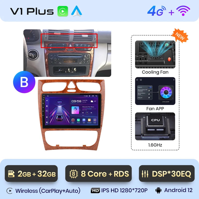 Radio para coche Junsun CarPlay Android Auto para Mercedes Benz Clase C Clase CLK W203 W209 S203 A209 2000-2005 Sistemas inteligentes Auto 