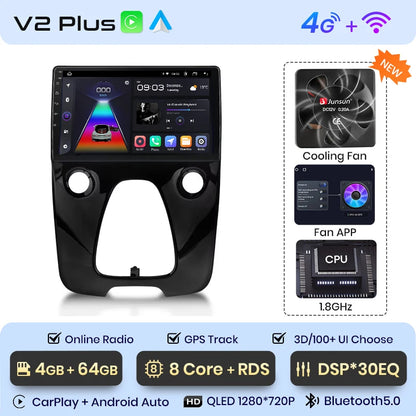 Radio Junsun V1 Plus para Peugeot 108, Citroën C1 y Toyota Aygo (2014-2021), inalámbrica, CarPlay, Android Auto, 2 DIN, DVD.