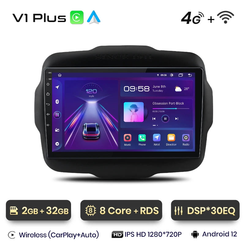 Junsun V1 AI Voice - Radio inalámbrica CarPlay Android para Jeep Renegade 2016-2020, 4G, GPS, 2DIN 