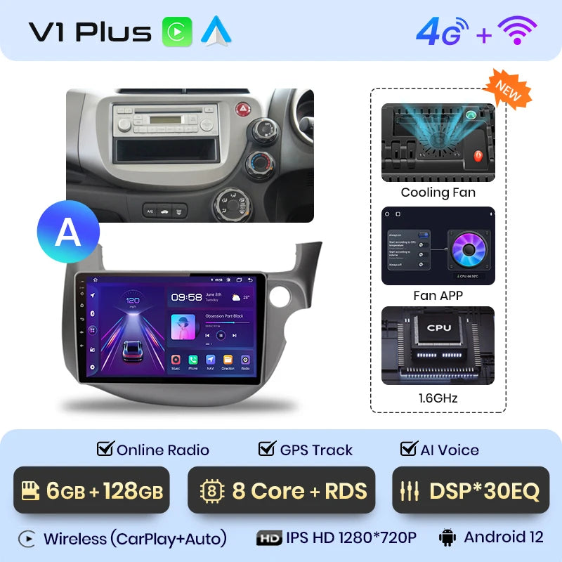 Junsun V1pro Android 10 AI Voice 4G Carplay RDS Radio de coche multimedia GPS para Honda Fit Jazz 2007-2013 2DIN autorradio bluetooth 