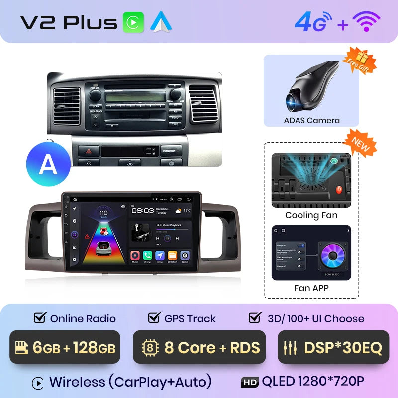 Junsun V1pro AI Voice Android Auto Radio para Toyota Corolla E130 E120 2000-2004 Carplay 4G Car Multimedia GPS 2DIN Autoradio 