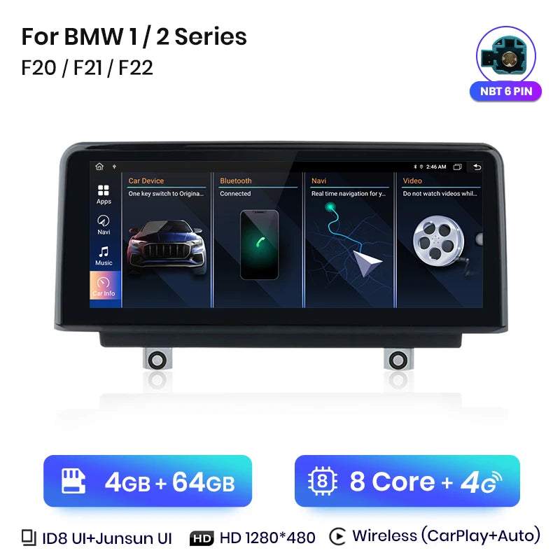 Junsun Wireless CarPlay Andorid Auto Car Radio For BMW Series 1 2 3 4 F20 F21 F22 F30 F31 F32 F33 F34 F36 GPS 4G WiFi Multimedia