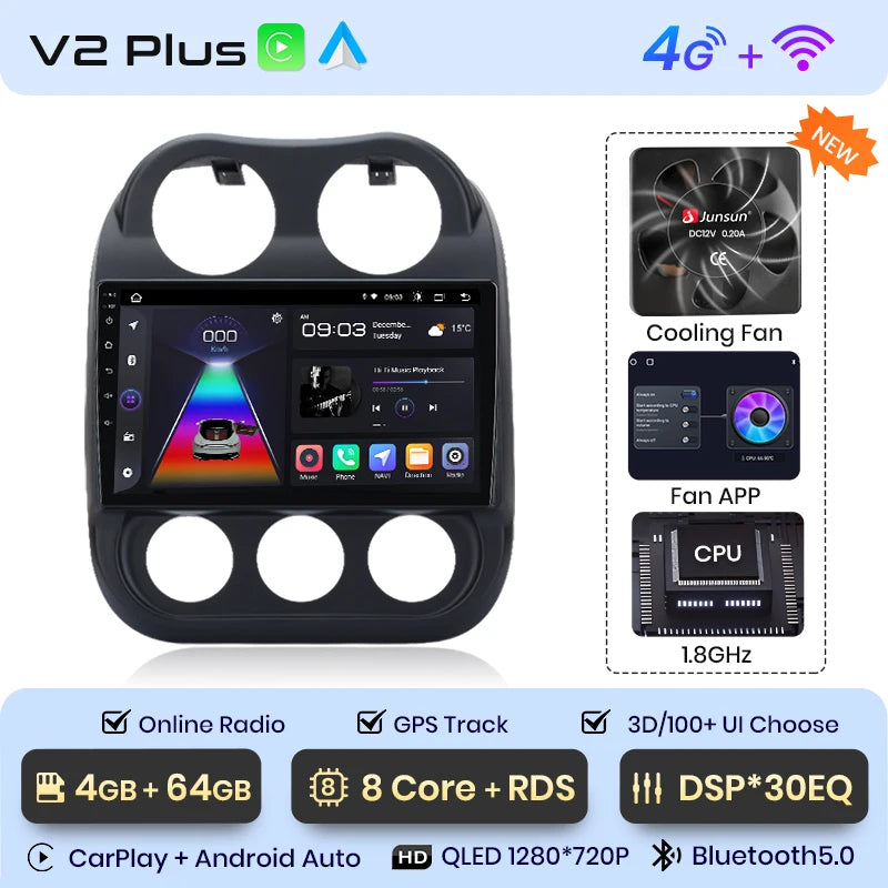 Radio Junsun para coche JEEP Compass Patriot 2010-2016 con CarPlay inalámbrico, Android Auto, sistema inteligente para coche, 2 DIN, DVD. 