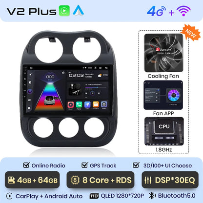 Radio Junsun para coche JEEP Compass Patriot 2010-2016 con CarPlay inalámbrico, Android Auto, sistema inteligente para coche, 2 DIN, DVD. 