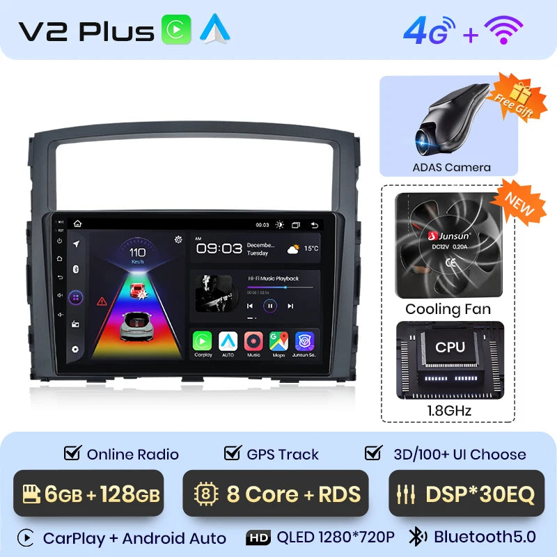 Radio Junsun V1 Plus para Mitsubishi Pajero 4 V80 V90 2006-2014 con CarPlay inalámbrico, Android Auto, 2 DIN, DVD. 