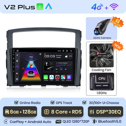 Radio Junsun V1 Plus para Mitsubishi Pajero 4 V80 V90 2006-2014 con CarPlay inalámbrico, Android Auto, 2 DIN, DVD. 