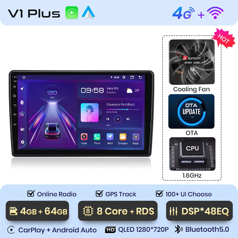 Radio Junsun V1 Plus para Skoda Fabia 2 2007-2014 con CarPlay inalámbrico, Android Auto, sistema inteligente para coche, 2 DIN, DVD. 