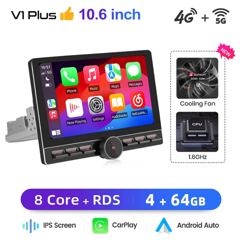 Junsun 10.6 Inch Universal Rotatable 1DIN 2DIN Car Radio Wireless CarPlay Android Auto Touch Screen Multimedia GPS autoradio