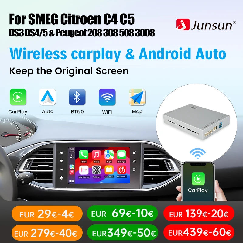 Junsun Wireless Carplay Android Auto Decoder Module for Peugeot Citroen SMEG MRN Picasso C4 C5 DS4 DS3 308 508 208 3008