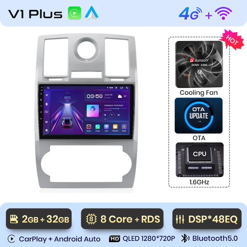 Radio Junsun para Chrysler 300C Aspen 2004-2008 con CarPlay inalámbrico, Android Auto, sistema inteligente para coche, 2 DIN, DVD. 