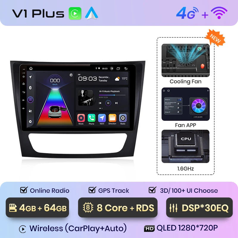 Junsun V1 - Radio inalámbrica con CarPlay y Android para Mercedes Benz Clase E (W211, E300, años 2002 a 2010), 4G, GPS, 2DIN 