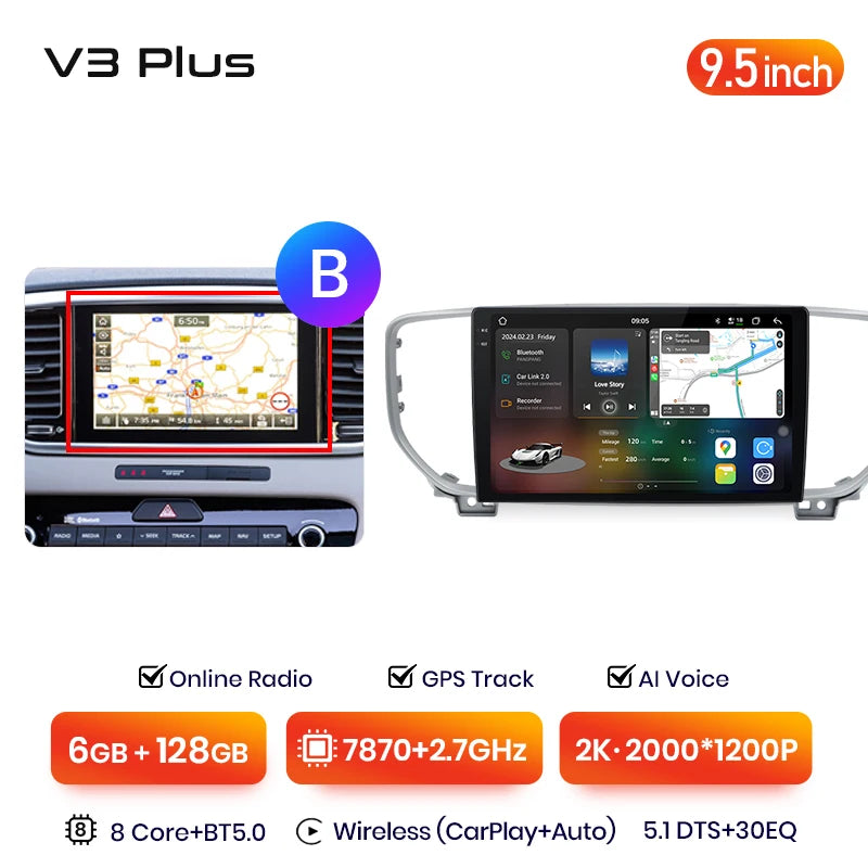 Junsun V3 Plus 2K Android 13 Wireless CarPlay Android Auto Car Intelligent Systems for Kia Sportage 4 QL 2018-2021 Autoradio