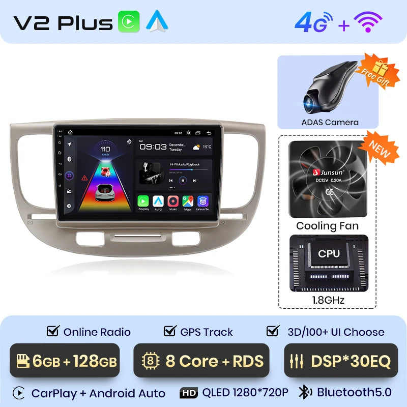 Radio Junsun V1 Plus para Kia RIO 2 2005-2011 con CarPlay inalámbrico, Android Auto, sistema inteligente para coche, 2 DIN, DVD. 