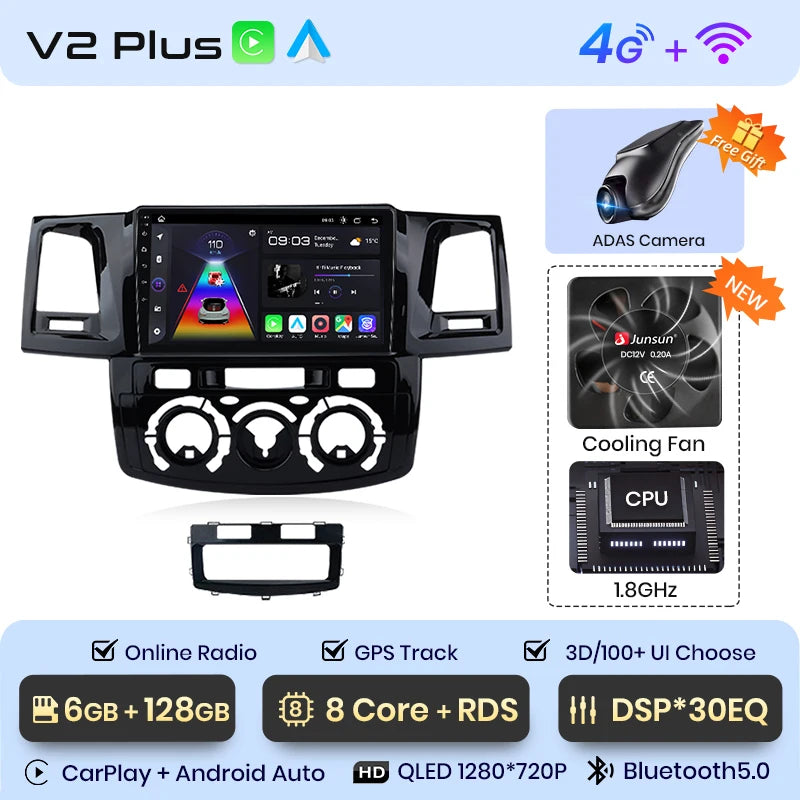 Radio Junsun V1 Plus para Toyota Fortuner, Hilux, Revo, Vigo (2007-2015), inalámbrica, CarPlay, Android Auto, 2 DIN, DVD. 