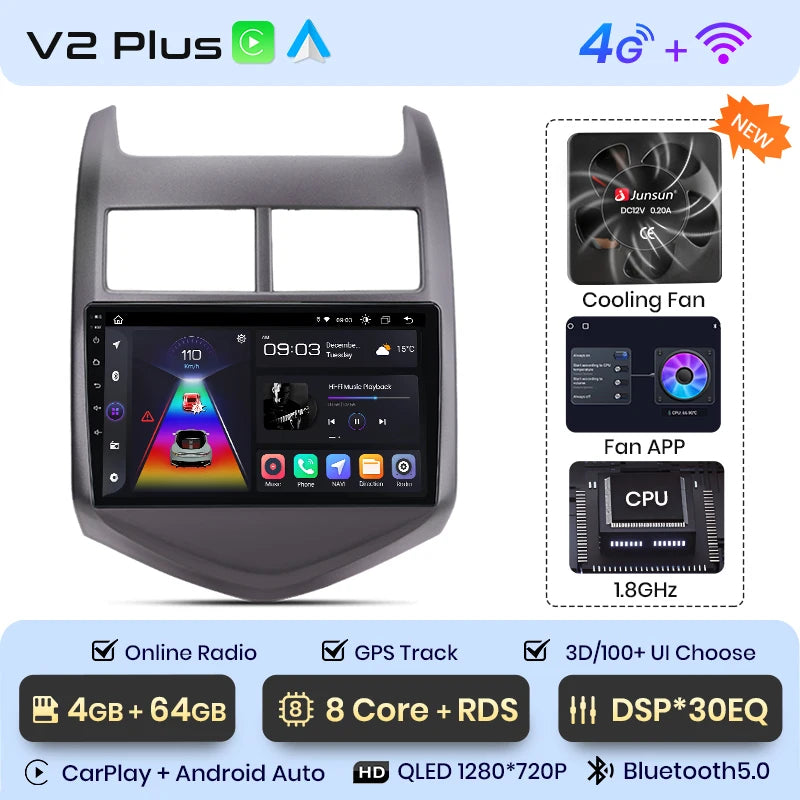 Radio Junsun V1 Plus para Chevrolet Aveo 2 Sonic T300 2011-2015 con CarPlay inalámbrico, Android Auto, 2 DIN, DVD. 