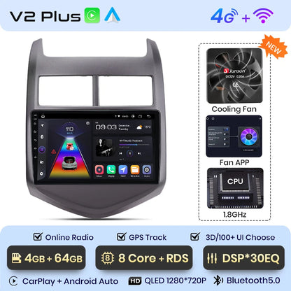 Radio Junsun V1 Plus para Chevrolet Aveo 2 Sonic T300 2011-2015 con CarPlay inalámbrico, Android Auto, 2 DIN, DVD. 