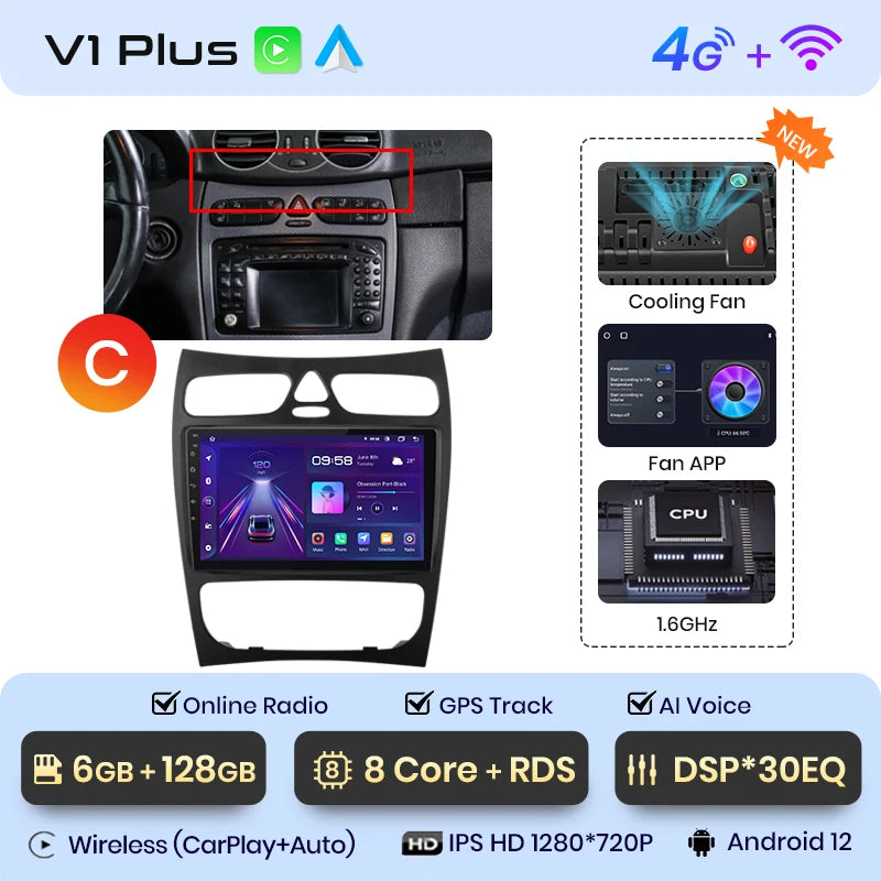 Radio para coche Junsun CarPlay Android Auto para Mercedes Benz Clase C Clase CLK W203 W209 S203 A209 2000-2005 Sistemas inteligentes Auto 