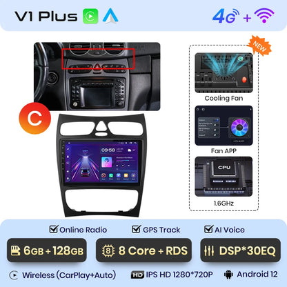 Radio para coche Junsun CarPlay Android Auto para Mercedes Benz Clase C Clase CLK W203 W209 S203 A209 2000-2005 Sistemas inteligentes Auto 