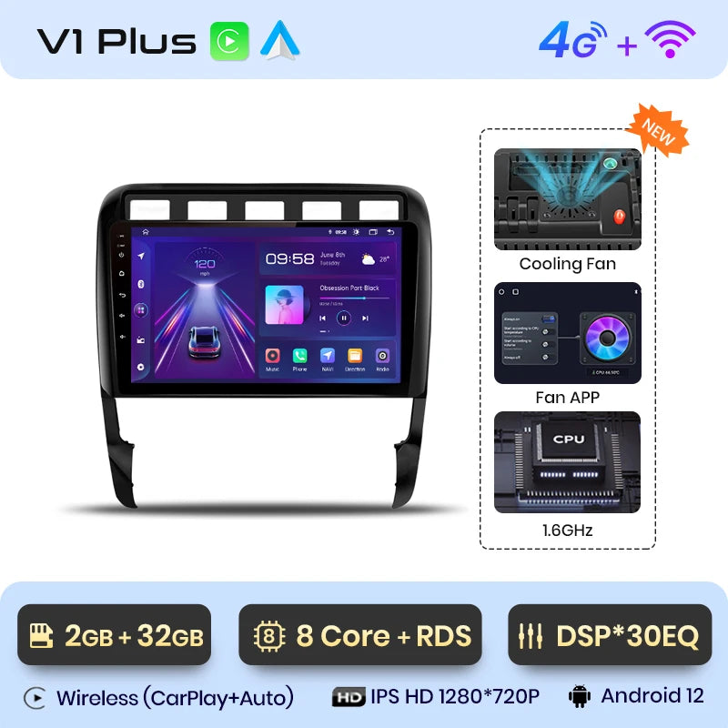 Junsun V1 AI Voice - Radio inalámbrica CarPlay Android para Porsche Cayenne 1 9PA 2002-2010, 4G, GPS, 2DIN 