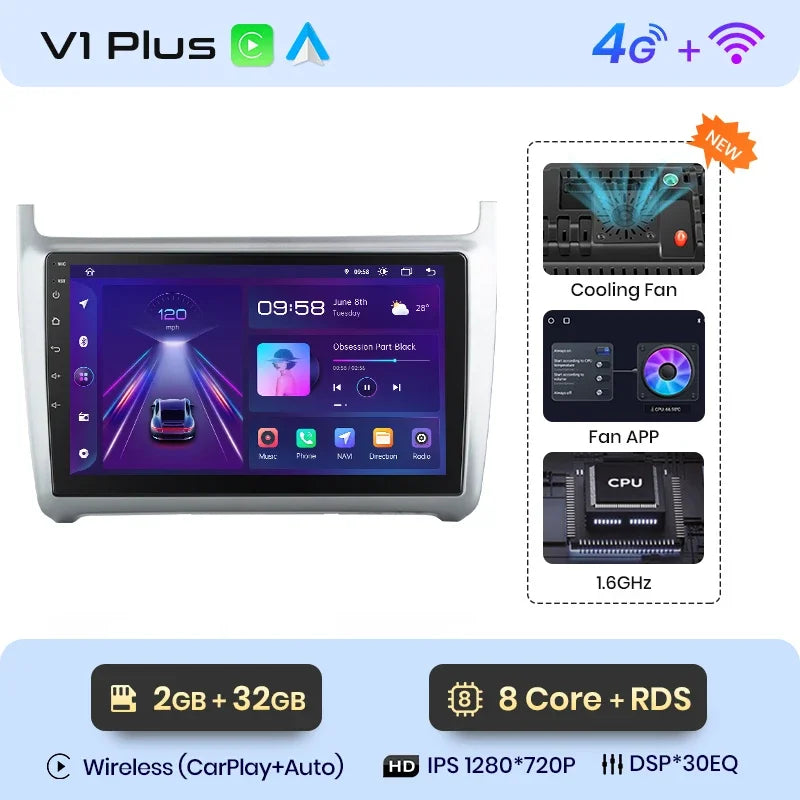 Junsun CarPlay inalámbrico Android Auto Radio para VOLKSWAGEN POLO 2014 Sistemas inteligentes para coche RDS BT WiFi 2 DIN 